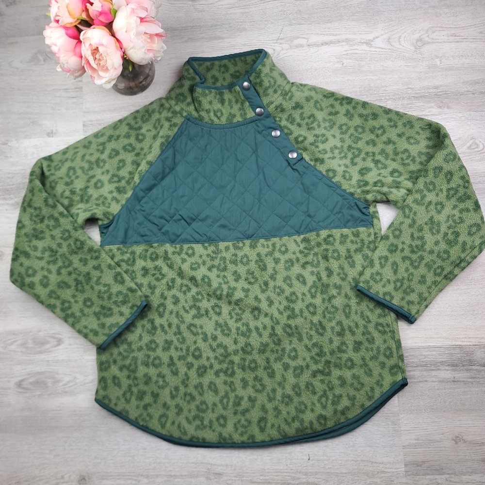J. Crew Quilted Sherpa Button Neck Tunic Loden Green Leopard Print Medium New